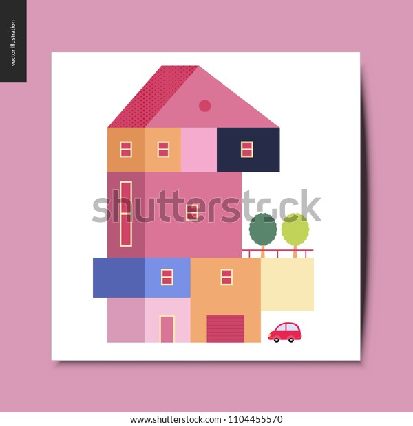 Simple things - house - flat
cartoon vector illustration of a colorful countryside house with a
terrace and trees on it, and a car next to the garage, summer
postcard