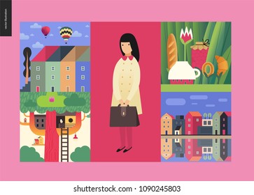 Simple things - houses - flat cartoon vector illustration of pink school girl, river, townhouses, air balloons, cloud sky, grass, jar, bakery, tree and tee house - houses composition