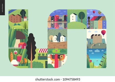 Simple things - houses - flat cartoon vector illustration of colorful countryside house, buildings, architecture, treehouse, air balloons, sea, boat, tee meal, mushroom house. farm -houses composition