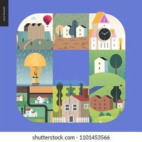 Simple things - houses - flat cartoon vector illustration of houses, countryside, tower clock, castle, farmland, kid, umbrella under rain, isolated house, neighbourhood, raincoat -houses composition