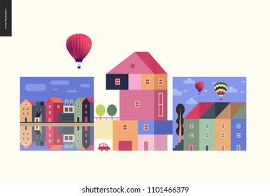 Simple things - houses - flat cartoon vector illustration of colourful countryside house with terrace and trees on it, neighbourhood, row of townhouses, canal bank, air balloons - houses composition