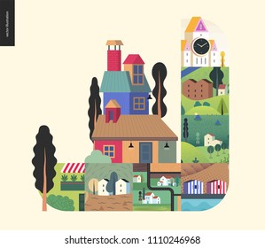 Simple things - houses - flat cartoon vector illustration of colourful countryside house, isolated building, tower, striped portuguese houses, farmland, castle, tower clock - houses composition