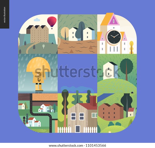 Simple things - houses - flat cartoon vector
illustration of houses, countryside, tower clock, castle, farmland,
kid, umbrella under rain, isolated house, neighbourhood, raincoat
-houses composition