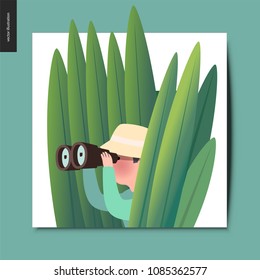 Simple things - a hunter in the ambush of high grass with a pair, summer postcard, flat cartoon vector illustration