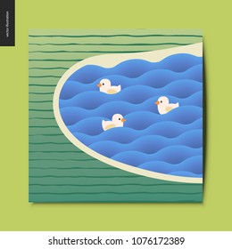 Simple things - lake with ducks in the waves and striped field around, summer postcard, vector illustration