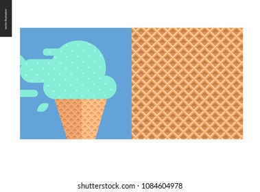 Simple things - meal - flat cartoon vector illustration of mint ice cream in waffle cone on blue background, summer postcard, vector illustration, waffle cone pattern, grid - meal composition