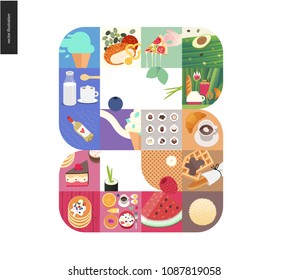 Simple things - meal - flat cartoon vector illustration of ice cream, pizza, coffe, wine, dessert, berries, bakery, waffle, fruit, watermelon, pancakes, milk, avocado and chocolates - meal composition