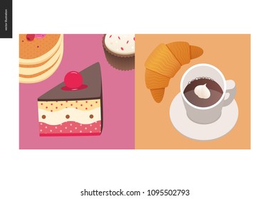 Simple things - meal - flat cartoon vector illustration of cake with cherry on top, stack of american pancakes with berries on top, cupcake, croissant and coffee with whipped cream - meal composition