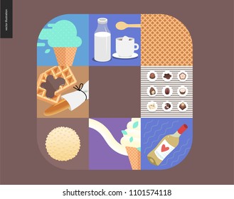 Simple things - meal - flat cartoon vector illustration of mint ice cream, coffee with milk, waffle pattern, waffles and loaf, white wine, chocolate candies, white chocolate - meal composition