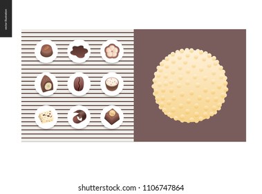 Simple things - meal - flat cartoon vector illustration of set of dark and white chocolate crisp bonbons and bars, chocolate chips, coffee and cacao beans and hot chocolate - meal composition