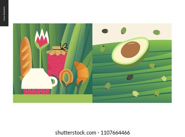 Simple things - meal - flat cartoon vector illustration of tiny cup house and tee meal among huge grass trunks, jam, bread loaf, croissant, half of avocado and black green olives - meal composition