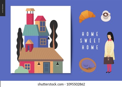 Simple things - postcards - flat cartoon vector illustration of set of countryside house, croissant, coffee, cream, sleeping cat, school girl with briefcase, Home Sweet Home lettering - cards set