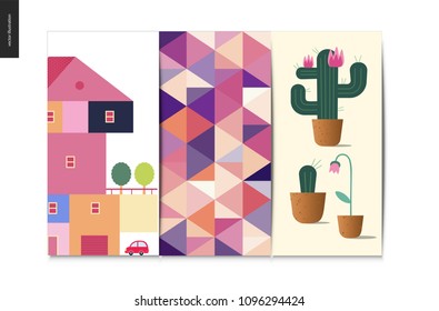 Simple things - postcards - flat cartoon vector illustration of set of colorful countryside house with a terrace and trees, abstract pattern, cactus with flowers on it - cards set