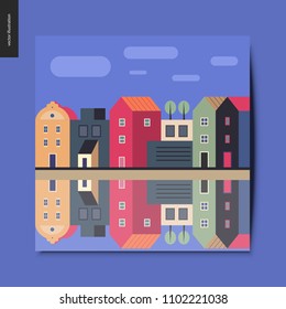 Simple things - a row of town houses standing along the canal bank with clouds in the blue sky above, and reflection of them in the canal water, summer postcard, vector illustration