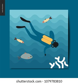Simple things - a scuba diver under the sea swimming down towards the coral on the sea bottom, surrounded by fishes, postcard, vector illustration
