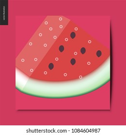 Simple things - a slice of watermelon on the red background, summer postcard, vector illustration