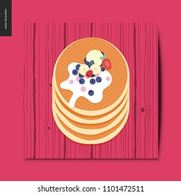 Simple things - stack of pancakes with berries, toppings and cream, on the wooden desk, postcard, vector illustration