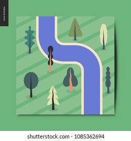 Simple things - top view, satellite shoot of a river with trees on a field around, summer postcard, flat cartoon vector illustration