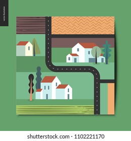 Simple things - top view, satellite shoot of a out-of-town street with detached country houses, trees, fields and plowed fields around, and asphalt black road, summer postcard, vector illustration