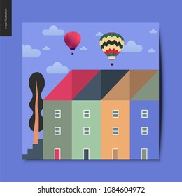 Simple things - townhouses with a tall tree next to them, and hot air balloons above them in the sky with clouds, summer postcard, vector illustration