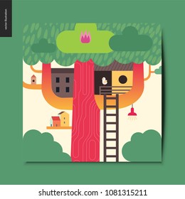 Simple things - tree house - a tree with a red trunk, few wooden houses on the branches and a ladder towards them, summer postcard, vector illustration