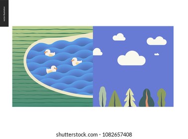 Simple things - two summer landscapes - one with a lake and ducks, and other is a blue summer sky with white clouds above some trees