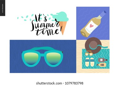 Simple things - vacation - flat cartoon vector illustration of sunglasses, ice cream, bottle of white wine, beach accessories, hat, sun protection and Its Summer Time lettering - summer composition