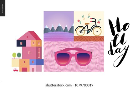 Simple things - vacation - flat cartoon vector illustration of a pink house, purple mountain landscape, bicycle with flowers, sun glasses and Holiday lettering - summer composition