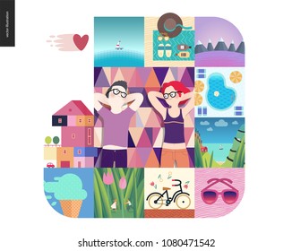 Cosas simples - vacaciones, caricatura plana ilustración vectorial de una pareja joven en picnic, casa, accesorios de playa, paisajes de montaña y mar, piscina, bicicleta, helado de menta - composición de verano