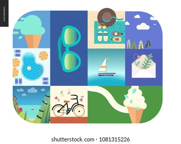 Simple things - vacation - flat cartoon vector illustration of ice cream, sun glasses, swimming pool, sea landscape, beach accessories, sailing boat, bicycle, clouds and trees - summer composition