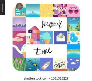 Simple things - vacation on summer time - flat cartoon vector illustration of landscapes, ice cream, house, bicycle, wine, pool, sea, scuba diver, clouds, mountains, herbarium - summer composition