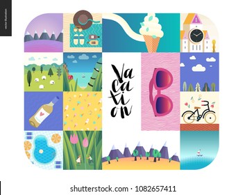 Simple things - vacation - set cartoon vector illustration - mountain, countryside and sea landscapes, beach accessories, ice cream, clock tower, wine bottle, bicycle, sun glasses - summer composition