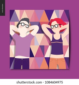 Simple things - young couple on picnic, top view - flat cartoon vector illustration of woman and man laying down on triangle patterned purple plaid, summer postcard