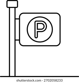 Simple thin-line vector icon representing a parking symbol with the letter “P.” Ideal for maps, navigation apps, transportation graphics, signage, UI UX interfaces, and location illustrations.