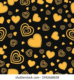 Simple and thread muted black and yellow color hearts seamless vector pattern. grunge texture. Valentine's day background for print ready, wrapping paper, love hearts design, wedding cards, gift paper