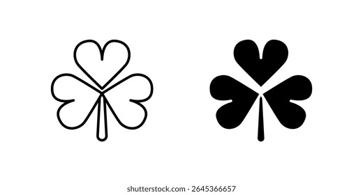 Simple three leaves clover icon set symbolizing luck, charm, and nature. Perfect for St. Patrick's Day and good fortune themes.