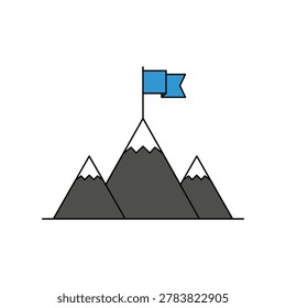 Simple of three mountain peaks with a blue flag on the highest summit peak
