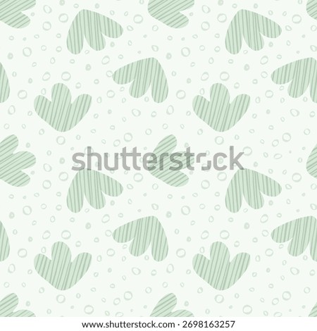 Simple three petal flower shapes with stripes and bubbles texture, forming an abstract floral pattern in colors of mint green on off white background. Botanical seamless vector pattern.Great for homes