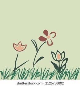 Simple three tulip flowers and green grass isolated on white background. Botanical doodle, drawing floral pattern silhouette Vector illustration
