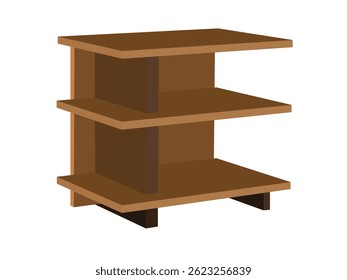 Simple three-tier wooden shelf with sturdy base isolated on white background