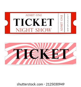 Un simple diseño de entradas. Billete rojo y blanco para el evento. Copiar espacio. Diseño retro.  Bolsa, cupón, boleto, admisión.