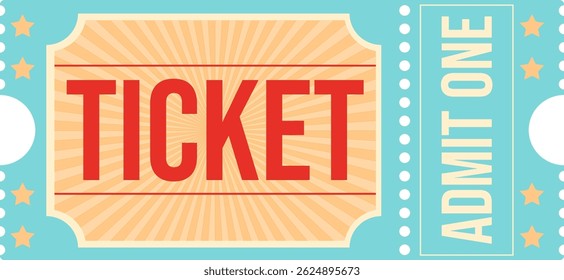 Simple ticket design with the text "TICKET" in red on a yellow background with rays from the center framed by stars and "ADMIT ONE" on a light blue background. Perfect for event or carnival themes.