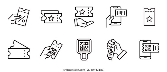 simple ticket entry pass icon line set. voucher access for cinema, concert, sport, flight, transport, vip qr code reservation signs vector outline illustration