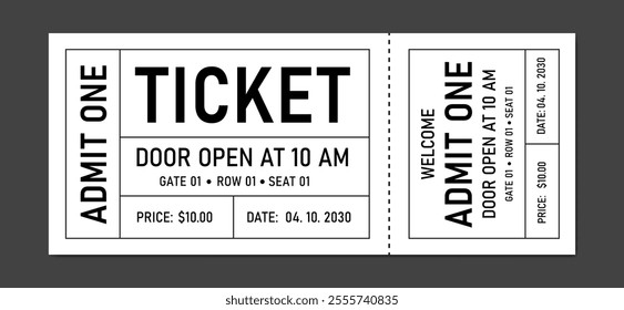 Simple ticket isolated. Classic admit one event ticket with detailed layout. Ticket admit one, Cinema, theater, concert, play, party, event, festival, coupon