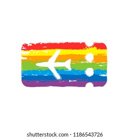 Simple ticket plane icon. Blank card. Drawing sign with LGBT style, seven colors of rainbow (red, orange, yellow, green, blue, indigo, violet