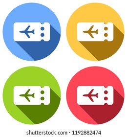 Simple ticket plane icon. Blank card. Set of white icons with long shadow on blue, orange, green and red colored circles. Sticker style