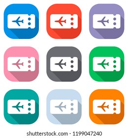 Simple ticket plane icon. Blank card. Set of white icons on colored squares for applications. Seamless and pattern for poster