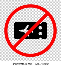 Simple ticket plane icon. Blank card. Not allowed, black object in red warning sign with transparent background