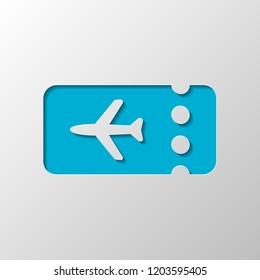 Simple ticket plane icon. Blank card. Paper design. Cutted symbol with shadow
