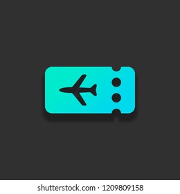 Simple ticket plane icon. Blank card. Colorful logo concept with soft shadow on dark background. Icon color of azure ocean